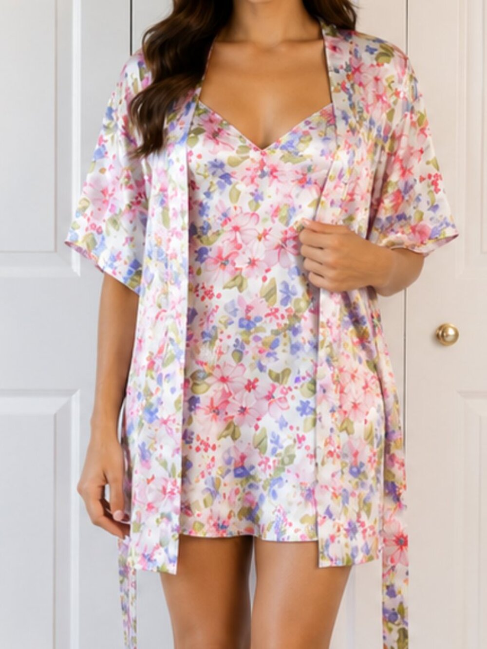 90s Cinema Etoile Floral Satin Kimono Robe & Cami Set Cottagecore Loungewear M